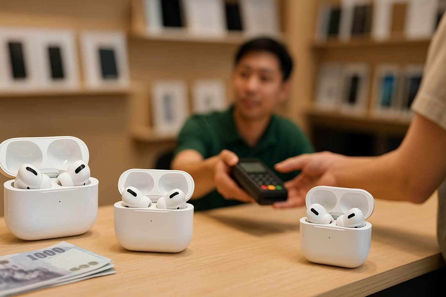AirPods Pro 收購範例，三副耳機於店面檯面展示，後方店員操作刷卡機
